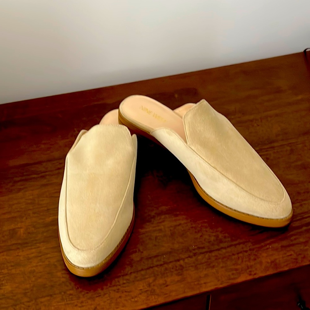 Beige suede mules